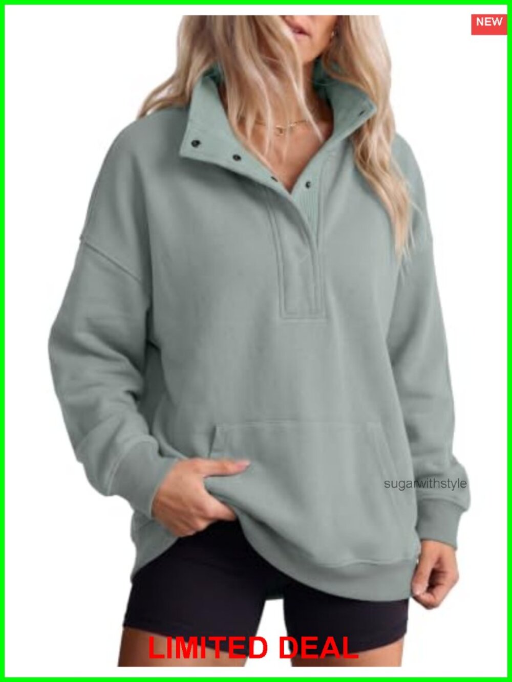 Oversized Snap Button Henley Sweatshirt with Pockets Quilted Pullover